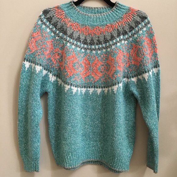 Vintage Sweaters - 🎁 SALE. ✨Host Pick✨Vintage Wool Blend Turquoise, Coral, White + Grey Sweater